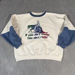Vintage Alore Sweatshirt Large Mens Slidin Ridin Cowboy Graphic Made in USA Grey
